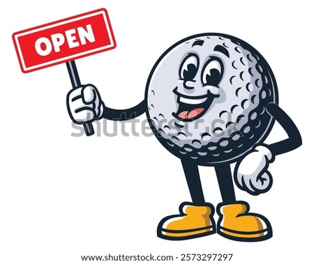 Golf Ball with open sign,      Cartoon Character Mascot Illustration Vector Clip-art Hand-drawn Logo Design