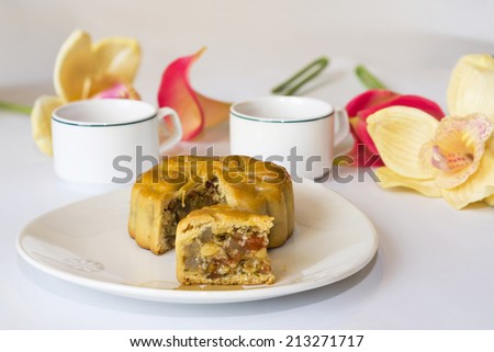 Moon cake, food for Chinese and Vietnamese mid-autumn festival. Mooncakes are offered between friends or on family gatherings while celebrating the festival