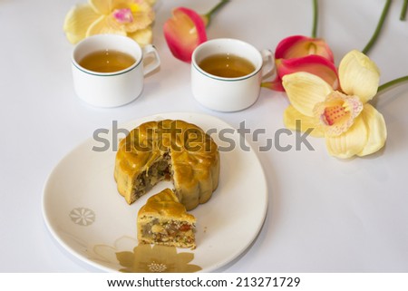 Moon cake, food for Chinese and Vietnamese mid-autumn festival. Mooncakes are offered between friends or on family gatherings while celebrating the festival
