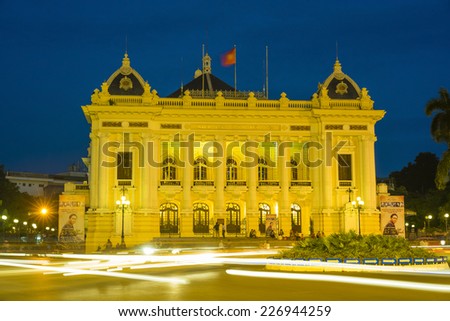 Hanoi, Vietnam - Oct 26, 2014: Hanoi Opera House at night. Nowadays, Hanoi Opera House is one of Hanoi\'s cultural centers where art shows, concerts, dance performances and other events take place