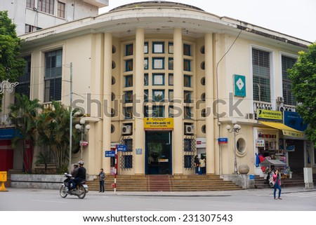 Hanoi, Vietnam - Nov 16, 2014: Front view of  the main post office in Hanoi: Hanoi international post Office on Dinh Le street, east side of Hoan Kiem lake, old quarter of Hanoi.