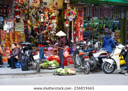 Hanoi, Vietnam - Dec 7, 2014: Front view of Vietnamese Christmas store on Hang Ma street. The business starts late November every year, long time before Xmas day