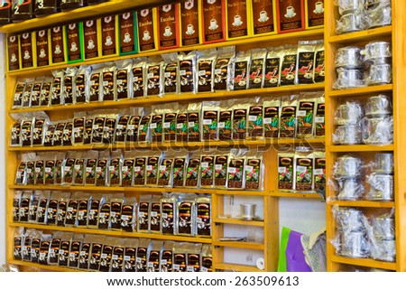 Hanoi, Vietnam - Mar 15, 2015: Coffee bags for sale on shelf in a store on Dinh Tien Hoang street