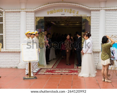 Hanoi, Vietnam - Mar 15, 2015: Exterior facade view of Vietnamese wedding reception area. Mostly urban wedding organised in hotel in Vietnam