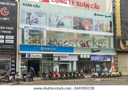 Hanoi, Vietnam - Mar 15, 2015: Exterior front view of a Piaggio Vietnam store in Xa Dan street, Hanoi. Piaggio is luxury motorcycle brand name in Vietnam