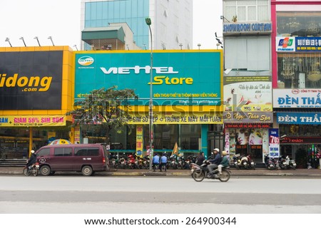 Hanoi, Vietnam - Mar 15, 2015: Exterior front view of Viettel store in Xa Dan street. The store sales cellphone, smart device, telecommunication device...