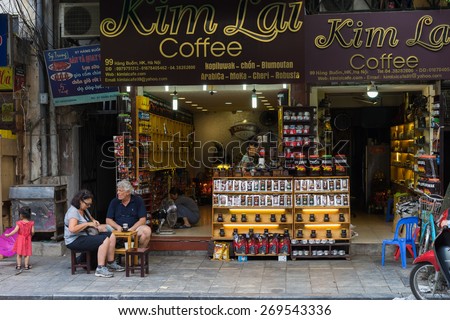 Hanoi, Vietnam - Apr 5, 2015: Various brand name coffee for sale in Hang Buom street, Hoan Kiem district. Vietnam is the world\'s second largest coffee exporter