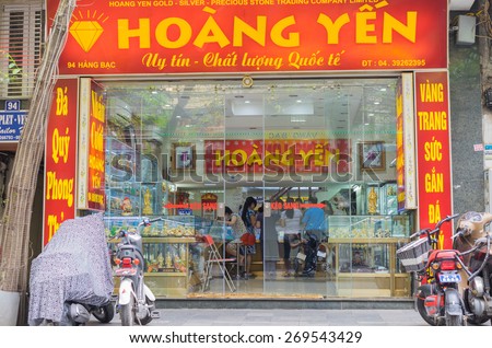 Hanoi, Vietnam - Apr 5, 2015: Exterior front view of a gold & silver store in Hang Bac street
