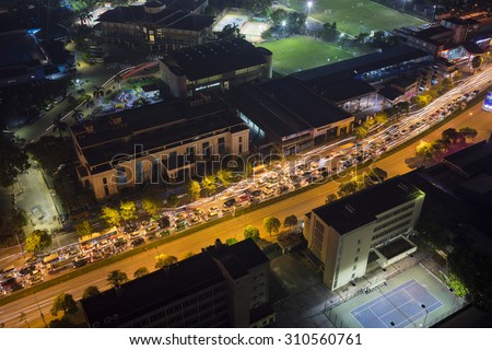 Hanoi, Vietnam - July 9, 2015: Aerial view of Hanoi traffic at night. Traffic jam on Le Van Luong st.