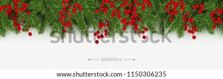 Christmas and New Year seamless border of realistic branches of Christmas tree and holly berries Element for festive design isolated on transparent background Vector illustration