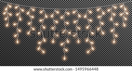 Glowing light bulbs Christmas and New Year. Realistic retro garland isolated on transparent background. Xmas decorations for festive design of postcard, banner, poster, website. Vector design