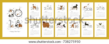 Monthly creative calendar 2018 with dog breeds. Concept, vector vertical editable template. Symbol of the year in the Chinese calendar. Minimalism. Isolated. Memphis. A4. Vector illustration. 商業照片 © 