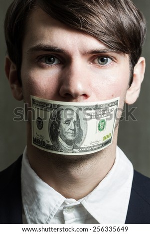 Portrait of handsome young beautiful man with plastered bills mouth.