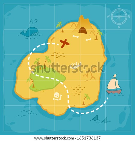 Treasure map for game. Ancient pirate map with island. Uninhabited island. hand drawn vector illustration