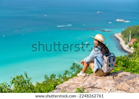 Similar – Image, Stock Photo Female traveler resting in front of the Iceland volcano, backgrounds landscape scene.Freedom liberty and scape concept.Natural wild view.Adventure vacations healthy lifestyle backpacking.