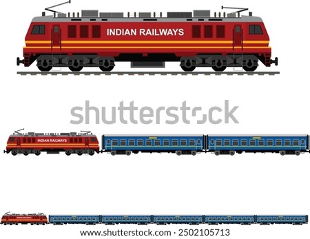 Indian Train Engine with Coaches Vector Design, train, engine, couches, Indian Train illustration, train engine