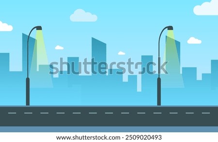 Flat City Road Vector Background, flat road, city buildings, street lights, sky, clouds, flat background vector