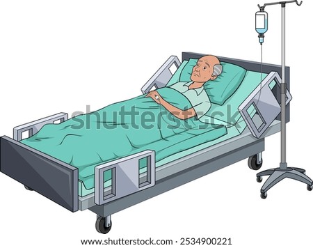 Old Man Hospital Bed Vector, Cartoon Hospital Bed, Old Man, Patient Illustration