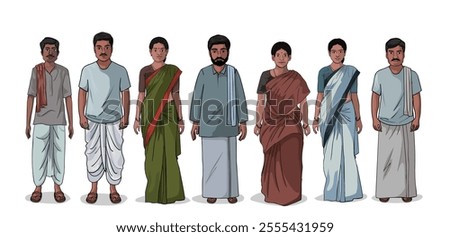 Village People Characters Vector, Cartoon Indian Village People Front View, men, women, framers, Cartoon people Illustration