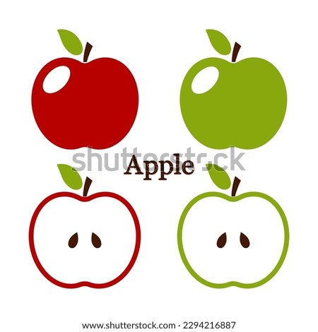Red and green apples icons set, whole and halves of fresh, juicy, ripe fruits.