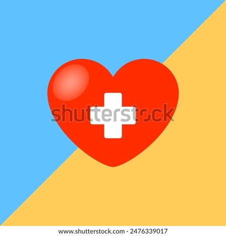 Red heart and blue and yellow background concept of love and help, donation.