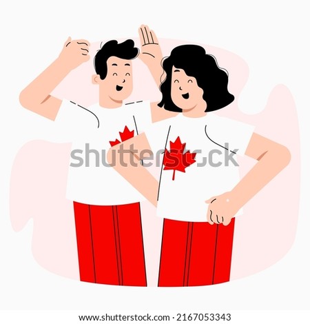 Flat vector Illustration of a male and female looking happy wearing a Canada Shirt.