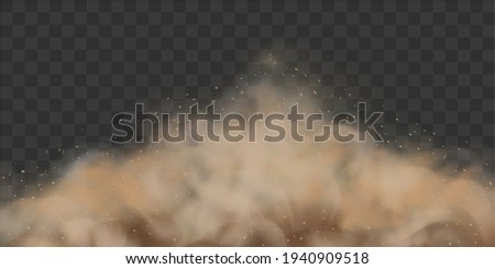 Sandstorm.  Dusty cloud or  sand with flying with small particles or grains of sand escaping from under the wheels of a moving car. Vector illustration isolated on transparent background.
