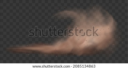 Sandstorm. Desert wind with cloud of dust and sand. Dusty cloud with flying with particles of sand escaping from under the wheels of a car.  Vector illustration isolated on transparent background.