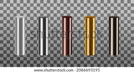 Set of metal pipes. Pipe profiles made of aluminum, steel, copper, brass and cast iron. Realistic vector illustration isolated on transparent background.