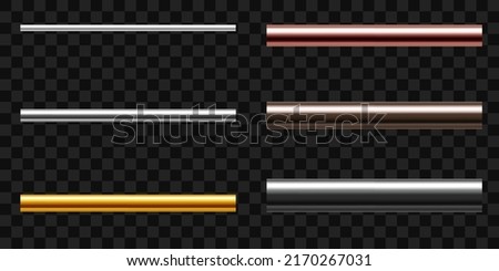 Set of metal pipes. Pipe profiles in steel, cast iron, aluminum, copper, brass or gold. Realistic vector illustration isolated on transparent background.