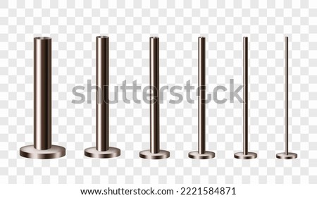 Bronze or cast iron poles on a round base. Set of metal columns. Realistic vector illustration isolated on transparent background.