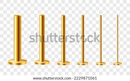 Brass or gold poles on a round base. Set of metal columns. Realistic vector illustration isolated on transparent background.