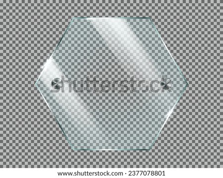 Glass or plastic hexagon plate with metal mounts. Realistic vector illustration isolated on transparent background.