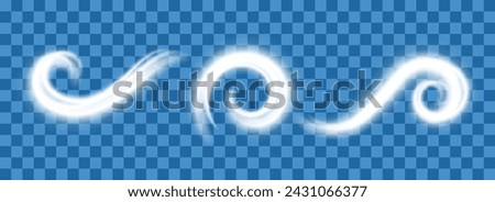 Realistic set of snow air flows. Cold wind, snow swirl. Realistic 3d vector illustration isolated on transparent background.