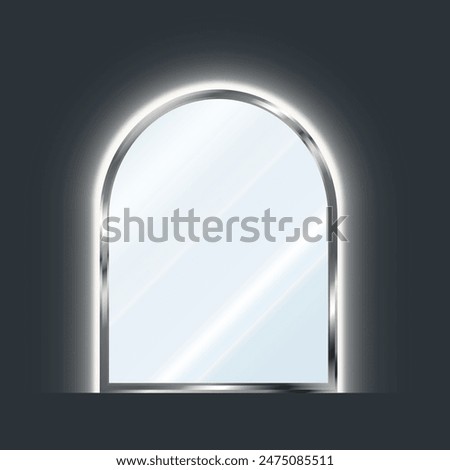 Arch-shaped mirror in a silver frame with LED lighting. Reflective glass plate. 3D vector illustration isolated on dark background. 