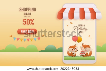 Online shop banners discount 50% jungle animals Birthday Theme. Celebration voucher Happy birthday. decorating with cake and fox paper cut, and papercraft style vector illustrator.