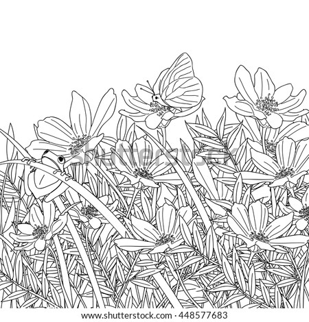 A Flower Garden With Butterflies And Frogs Sketch Stock Vector