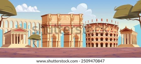 Ancient Rome City building, colosseum , triumphal arch and temples vector illustration