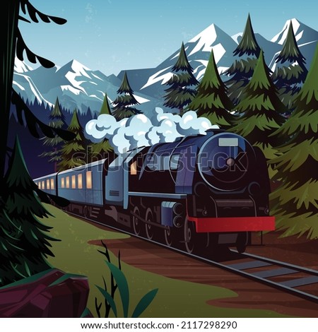 vintage train vector flat design landscape illustration banner