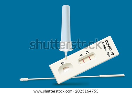 3D illustration image of Coronavirus or COVID-19 Rapid Antigen test or ATK set with white positive cassette, buffer dropper and swab stick, that using for detection in pandemic infection
