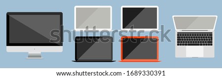 Computers and laptops isolated illustrations. Set of modern technology devices. Opened white, black and orange laptops. Laptop top down view. Computer keyboard. 