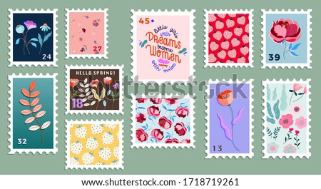 Set of beautiful hand-drawn post stamps. Variety of modern vector isolated post stamp designs. Floral post stamps. Mail and post office conceptual drawing.