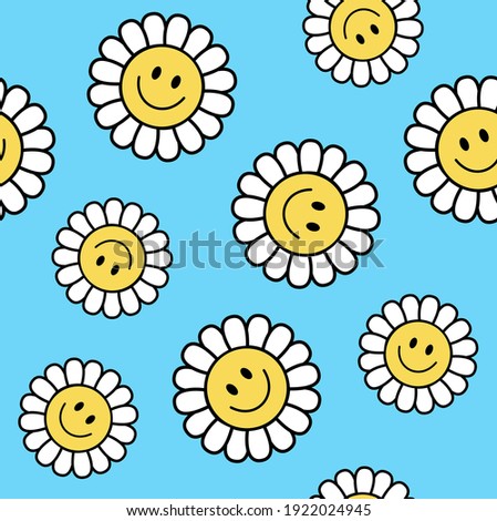 Seamless Retro Positive Flower Vector Art Illustration. Smiling Flower Icon texture All Over Print.