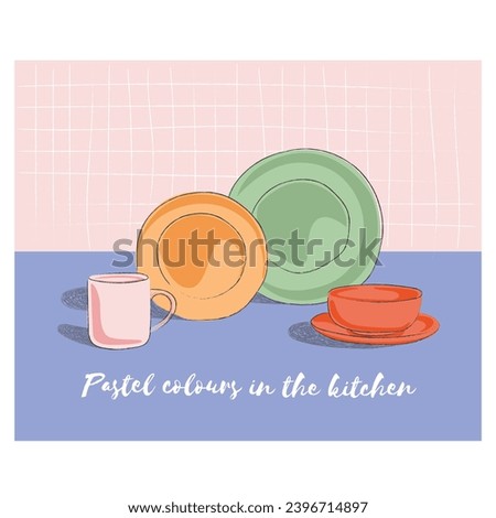 Similar – Image, Stock Photo Pastel color dishes on pink