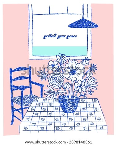 Hand drawn interior design illustration. Cozy home, window, sea, chair, table, flowers, lamp, pink wall, retro indigo blue sketch.