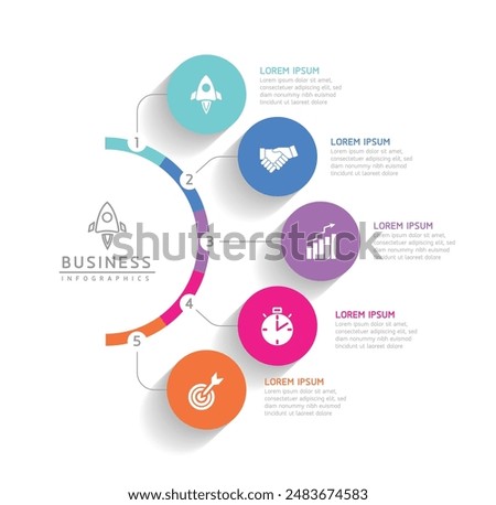 Vector infographic business presentation template with circular interconnection with 5 options.