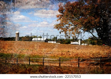 Grunge illustrated image of a farm in KY in the autumn. The crop has been harvested.