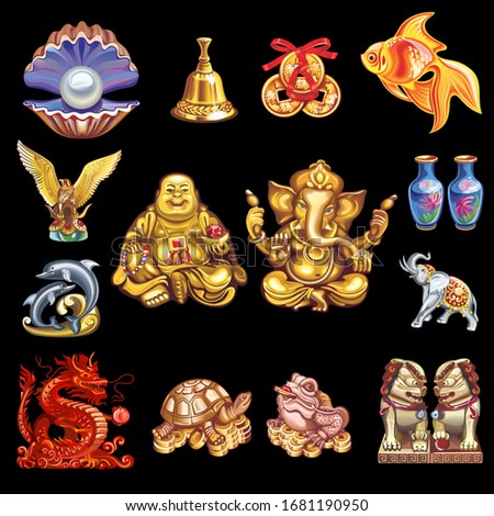 A set of talismans that bring good luck, wealth, health, strength... Imagine de stoc © 