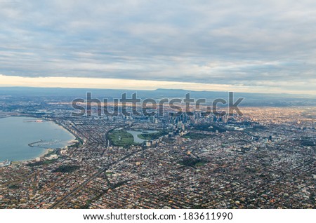 Aerial view of Melbourne, Australia including inner bayside suburbs of Albert Park, South Melbourne and Port Melbourne