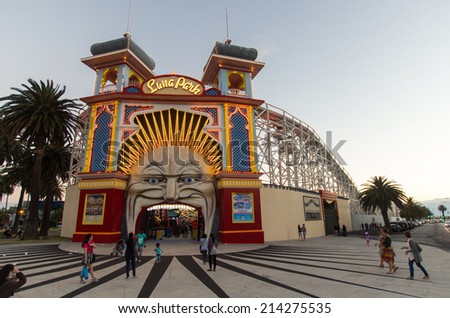 MELBOURNE, AUSTRALIA - January 11, 2014: Luna Park amusement park in the Melbourne beachside suburb of St Kilda is a popular destination for tourists and locals.